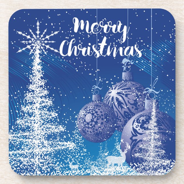 White & Midnight Blue Snow Merry Christmas Coaster (Front)