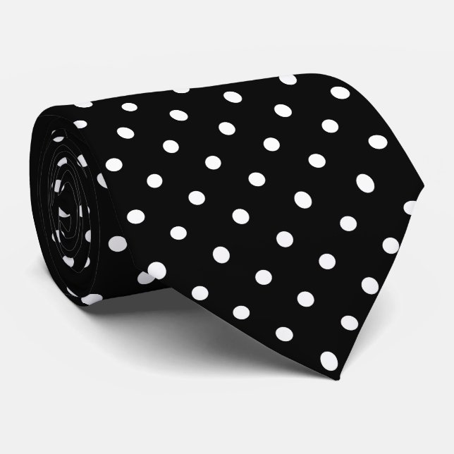 White Mini Polka Dot Pattern on Black  Tie (Rolled)