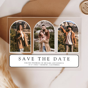 White Minimal Arch 3 Photo Wedding Save the Date Acrylic Invitations