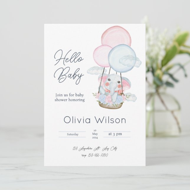 White Minimal Elephant Baby Shower Invitation (Standing Front)