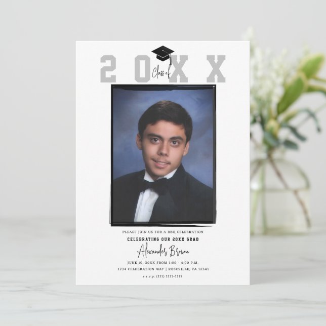 White Minimal Trendy Photo Graduation Party Invitation (Standing Front)