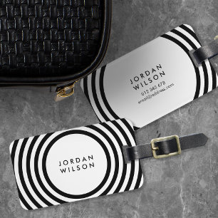 White Minimalist Black Circles Geometric Lines Luggage Tag