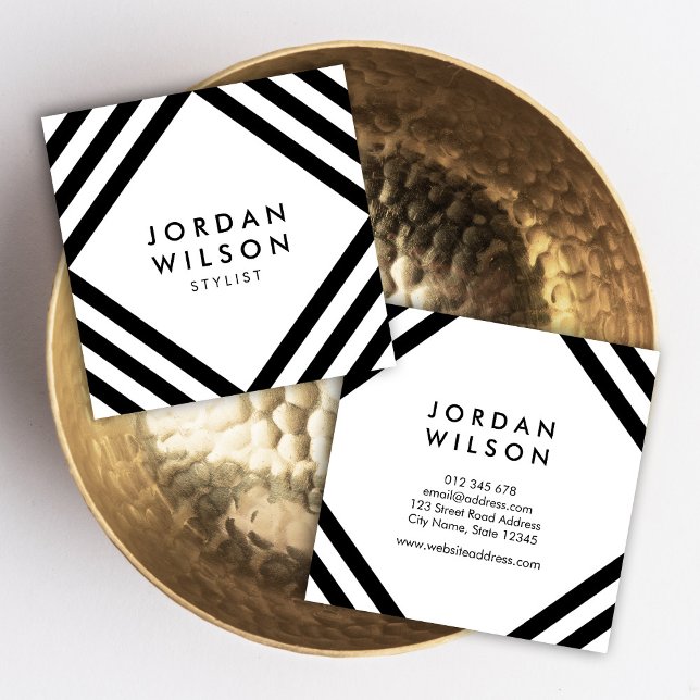 White Minimalist Black Square Lines Geometric Square Business Card (Creator Uploaded)