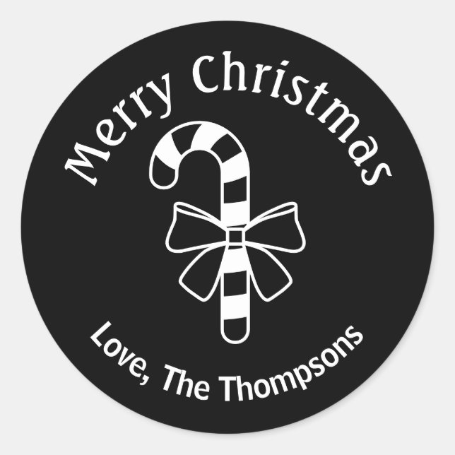 White Minimalist Candy Cane On Black With Text Classic Round Sticker (Front)