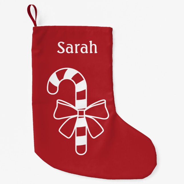 White Minimalist Candy Cane With A Bow On Red Small Christmas Stocking (Front)