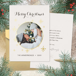 White Minimalist Celestial Stars Christmas Photo Foil Holiday Card