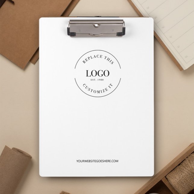 White Minimalist Custom Logo Branded Simple Clipboard (Customizable business clipboard with logo and website on front and back.)