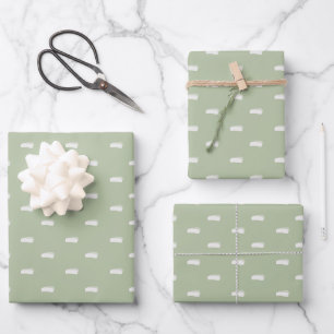 White Minimalist Dashes on Sage Green Wrapping Paper Sheet