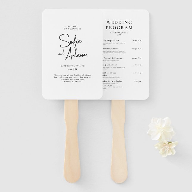White Minimalist Elegant Wedding Program Hand Fan (Front and Back)