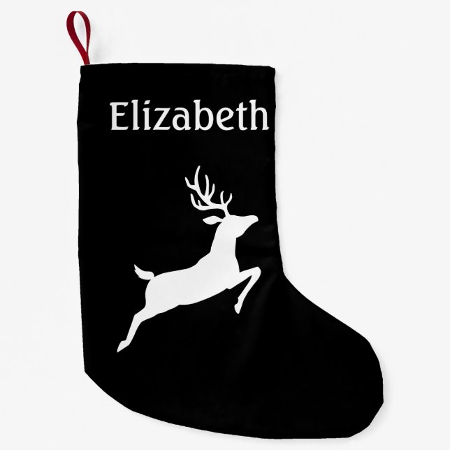 White Minimalist Leaping Deer Silhouette On Black Small Christmas Stocking (Front)