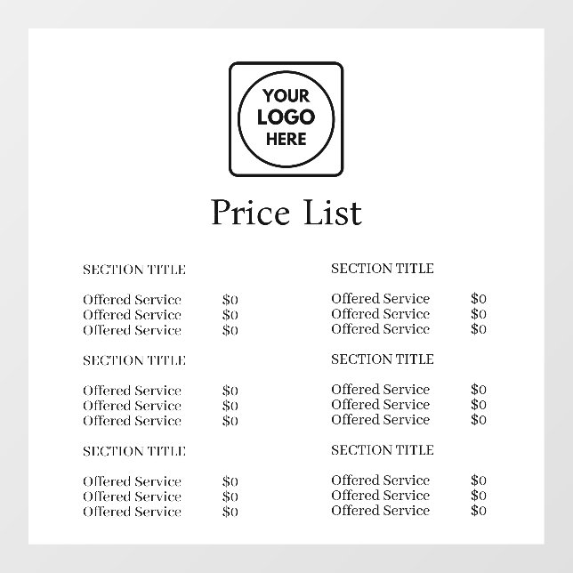 White Minimalist Logo | Modern Price List Display Window Cling (Sheet)