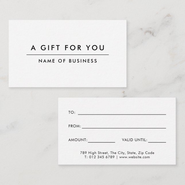 White Minimalist Modern Gift Certificate Card (Front/Back)