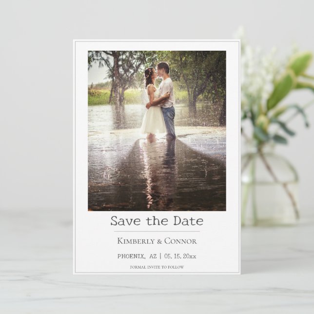White Minimalist Modern Photo  Save The Date (Standing Front)
