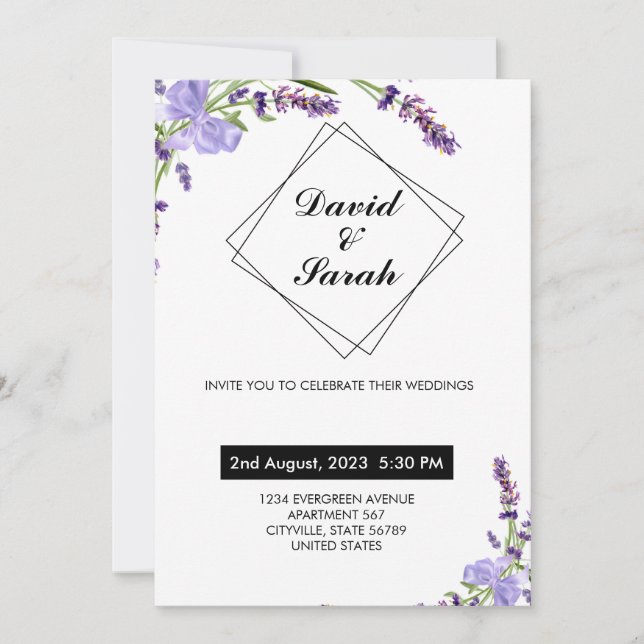 White minimalist & modern wedding purple flower invitation (Front)