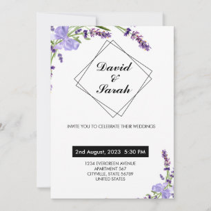 White minimalist & modern wedding purple flower invitation