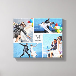 White Minimalist Monogram Wedding 4 Photo Collage Canvas Print
