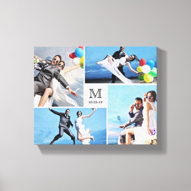 White Minimalist Monogram Wedding 4 Photo Collage Canvas Print (Front)