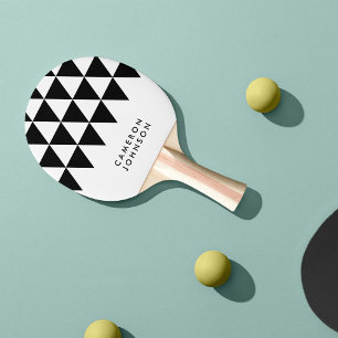 White Minimalist Name Black Triangle Pattern Ping Pong Paddle