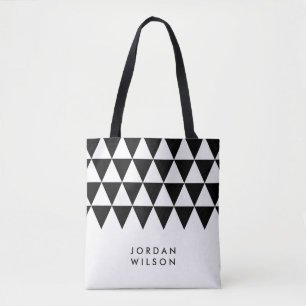 White Minimalist Name Black Triangle Pattern Tote Bag