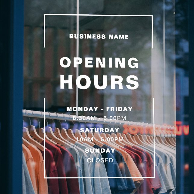 White Minimalist Opening Hours with Business Name Window Cling (Creator Uploaded)