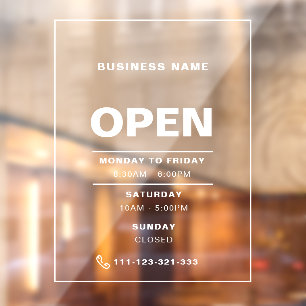 White Minimalist Opening Hours with Company Name Window Cling
