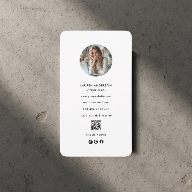 White Minimalist Photo & QR Code Modern Business Card (Creator Uploaded)