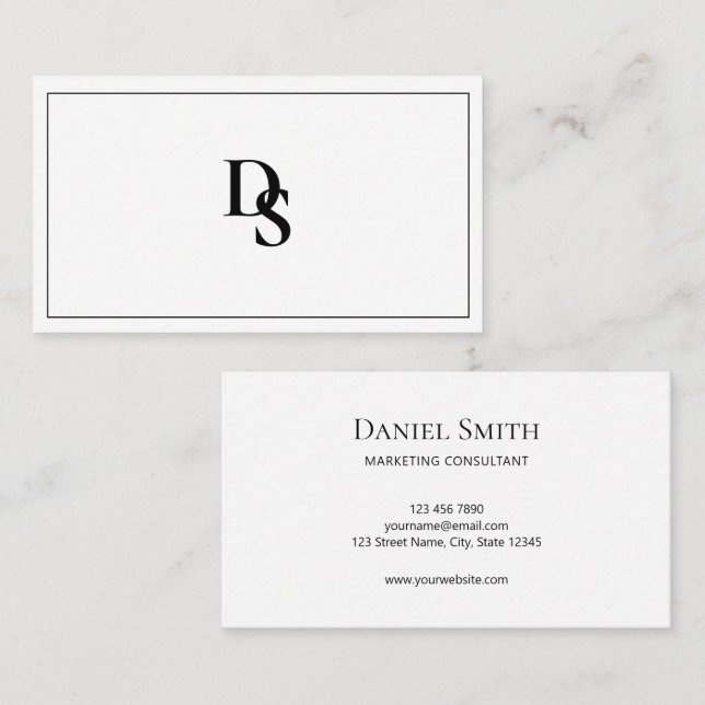 White Minimalist Professional Monogram Business Card (Front/Back)