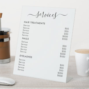 White Minimalist Salon Services Price List Pedestal Sign