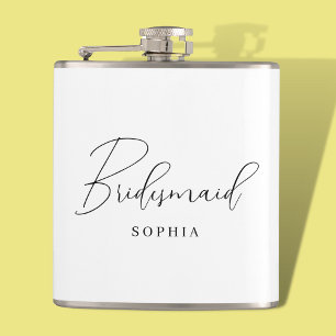 White Minimalist Script Typography Bridesmaid Hip Flask