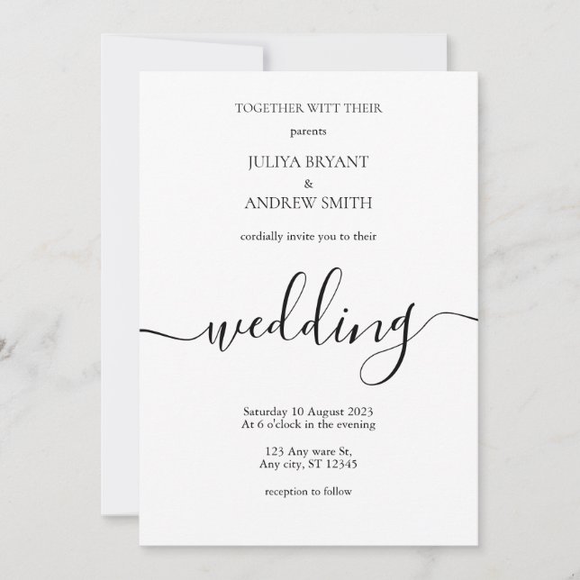 White minimalist Script wedding Invitation (Front)