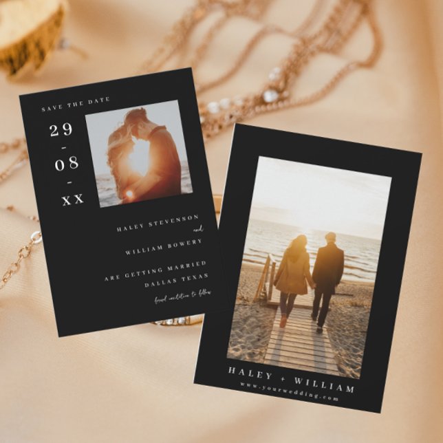 White Minimalist Simple Photo Black Save the Date Invitation (Creator Uploaded)