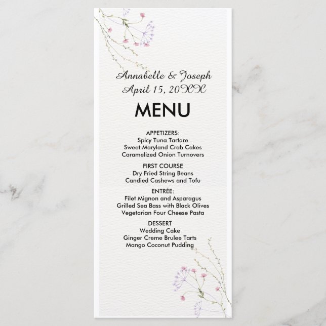 White Minimalist watercolor flowers wedding Menu (Front)