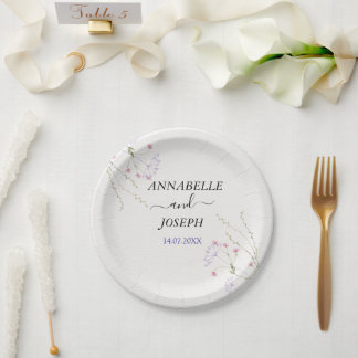 White Minimalist watercolor flowers wedding Paper Plate