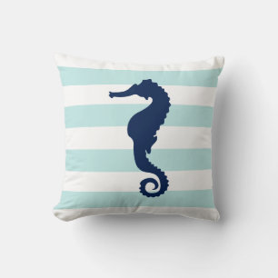 White Mint & Blue Wide Stripes Pattern Seahorse Cushion