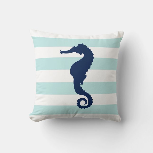 White Mint & Blue Wide Stripes Pattern Seahorse Cushion (Front)