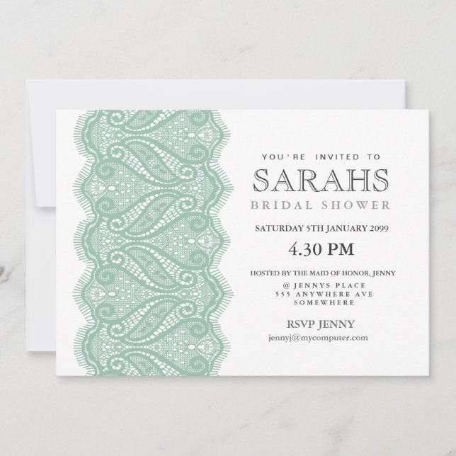 White & Mint Filigree Lace Bridal Shower Invite (Front)