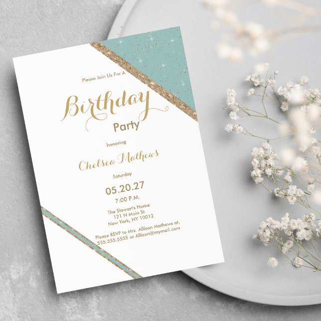 White mint green gold glitter geometric Birthday Invitation (White mint green gold glitter geometric Birthday )