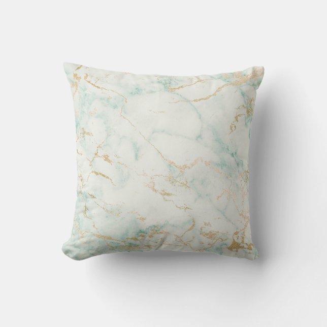 White Mint Green Marble Gold Gray Glam Cushion (Front)