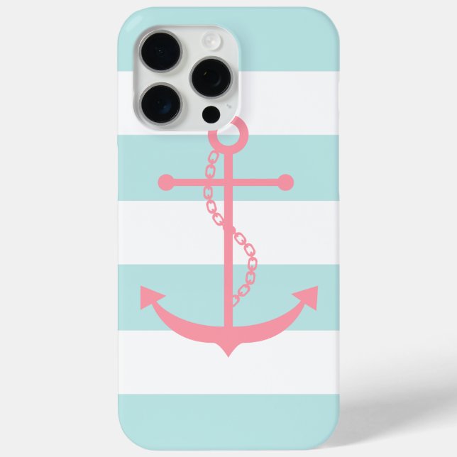 White Mint Pink Wide Stripes Pattern Anchor Case-Mate iPhone Case (Back)