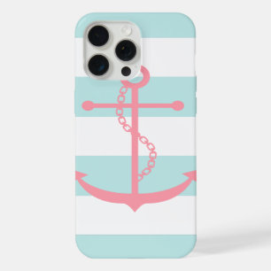 White Mint Pink Wide Stripes Pattern Anchor iPhone 15 Pro Max Case