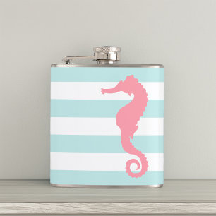 White Mint & Pink Wide Stripes Pattern Seahorse Hip Flask