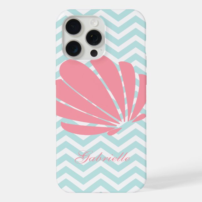 White Mint & Pink Zigzag Pattern Seashell iPhone Case (Back)