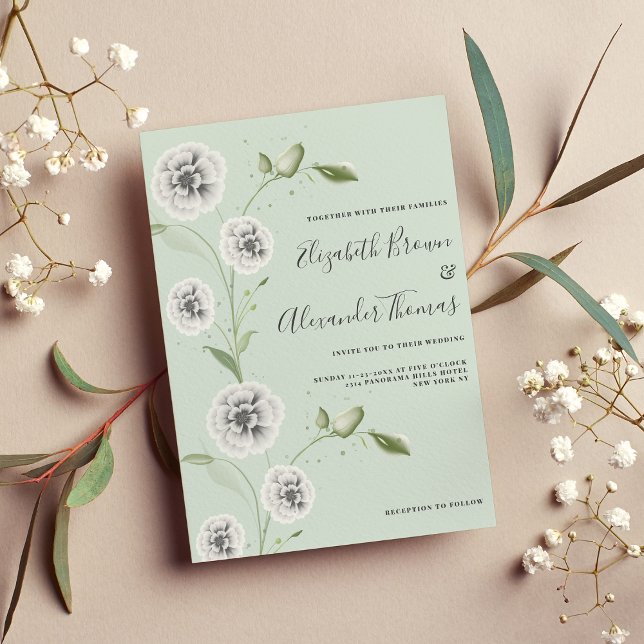 White mint watercolor poppy floral leaves wedding  invitation (White mint watercolor poppy floral leaves wedding invitation)