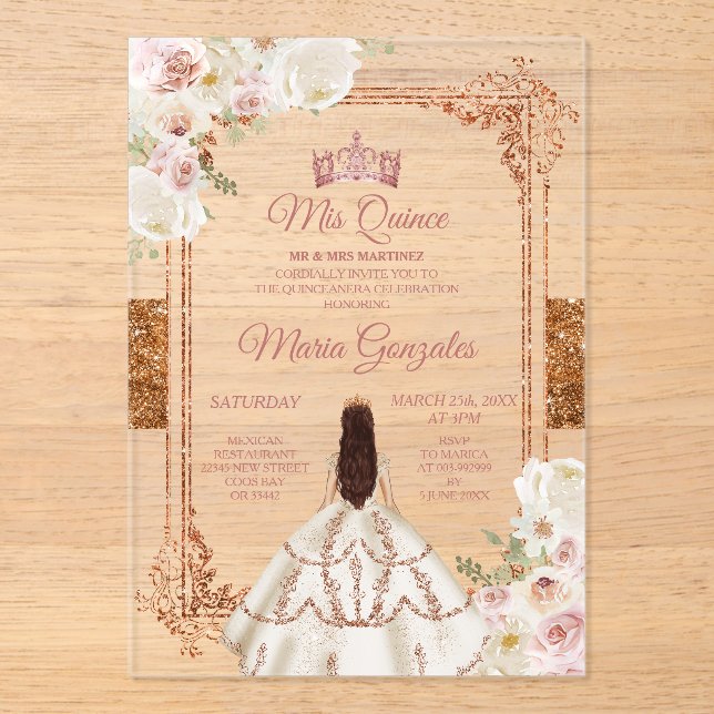 White Mis Quince Crown Rose Gold Quinceañera Acrylic Invitations (Front)