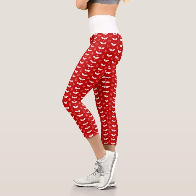 White Mistletoes on Red Background Christmas High Capri Leggings (Left)