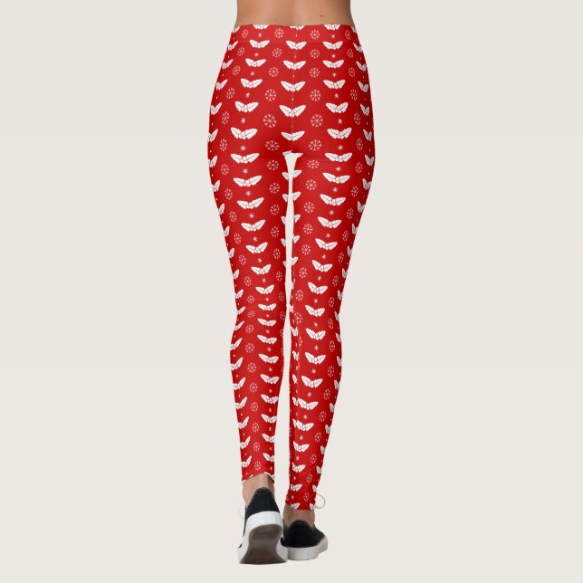 White Mistletoes on Red Background Christmas Long Leggings (Back)