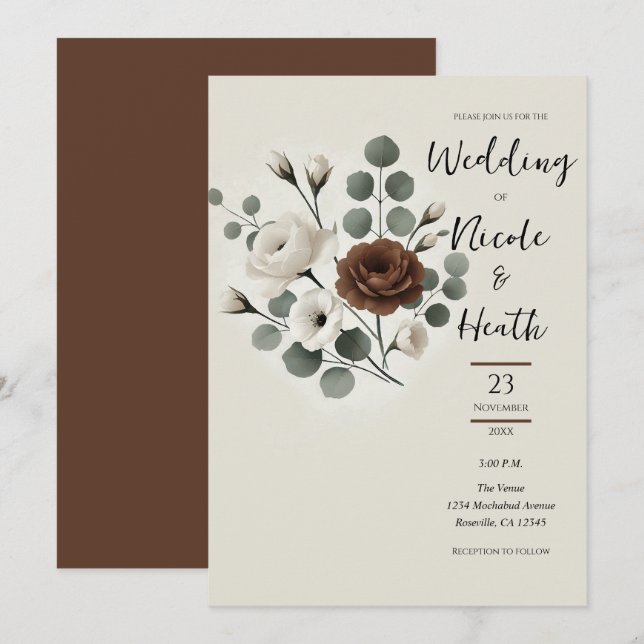 White Mocha Cream Modern Floral Wedding Invitation (Front/Back)