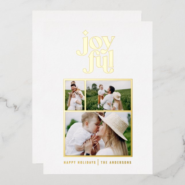 white modern abstract joyful 3 photo foil holiday card (Front/Back)