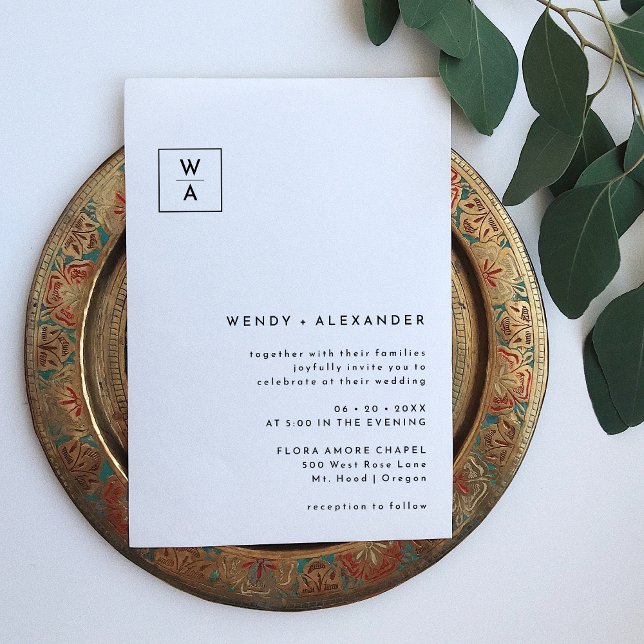 White Modern Bold Monogram Crest Wedding Invitation (Creator Uploaded)