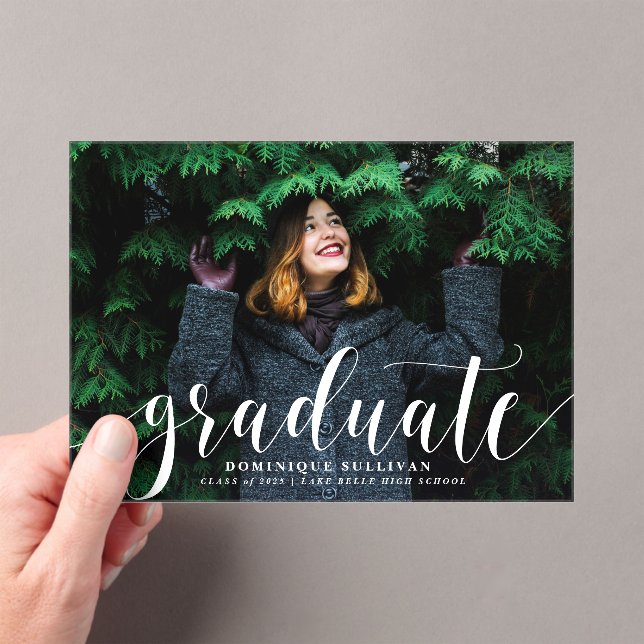 White Modern Calligraphy Photo Graduation Acrylic Invitations (Insitu (Handheld))